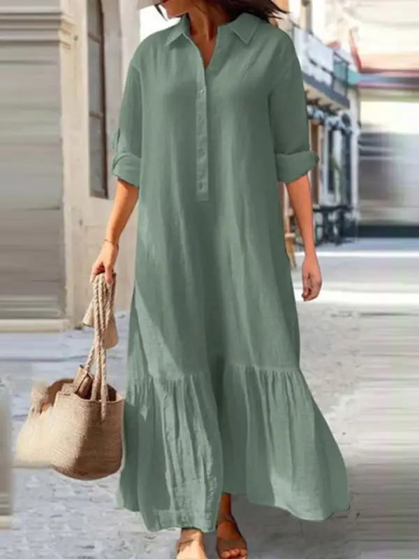 Sleeves Pleated Buttoned Long Maxi Dress