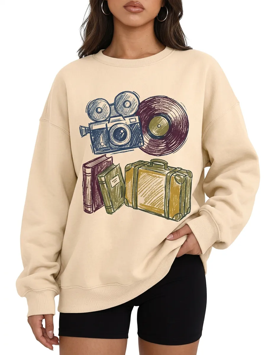 Women's Vintage Retro Hobby Camera Vinyl Book Suitcase Printed Sweatshirt