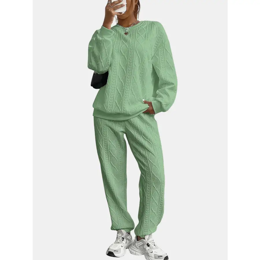 Relaxed Texture Round Neck Top and Pants Set