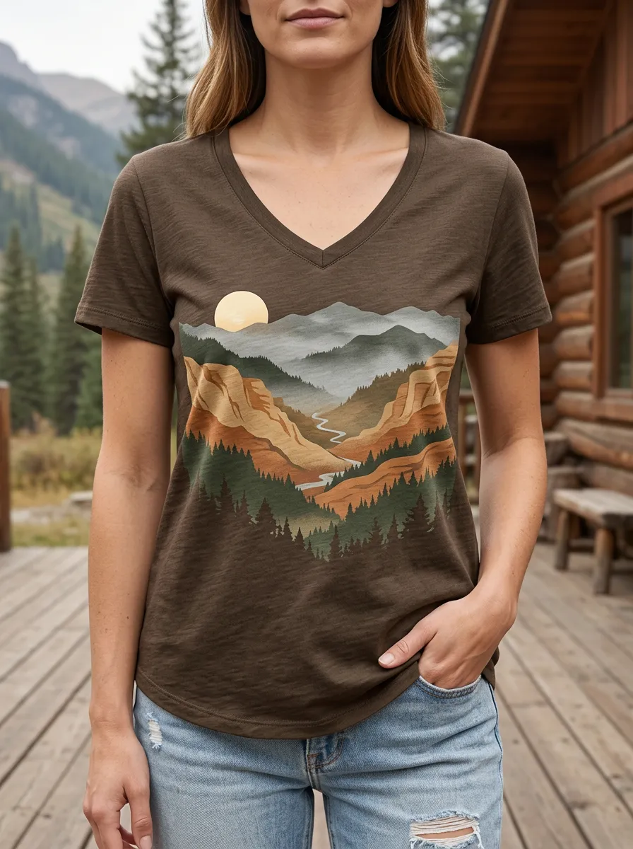 Women's Nature Lover Mountain Sunset Forest Printed V-Neck T-Shirt