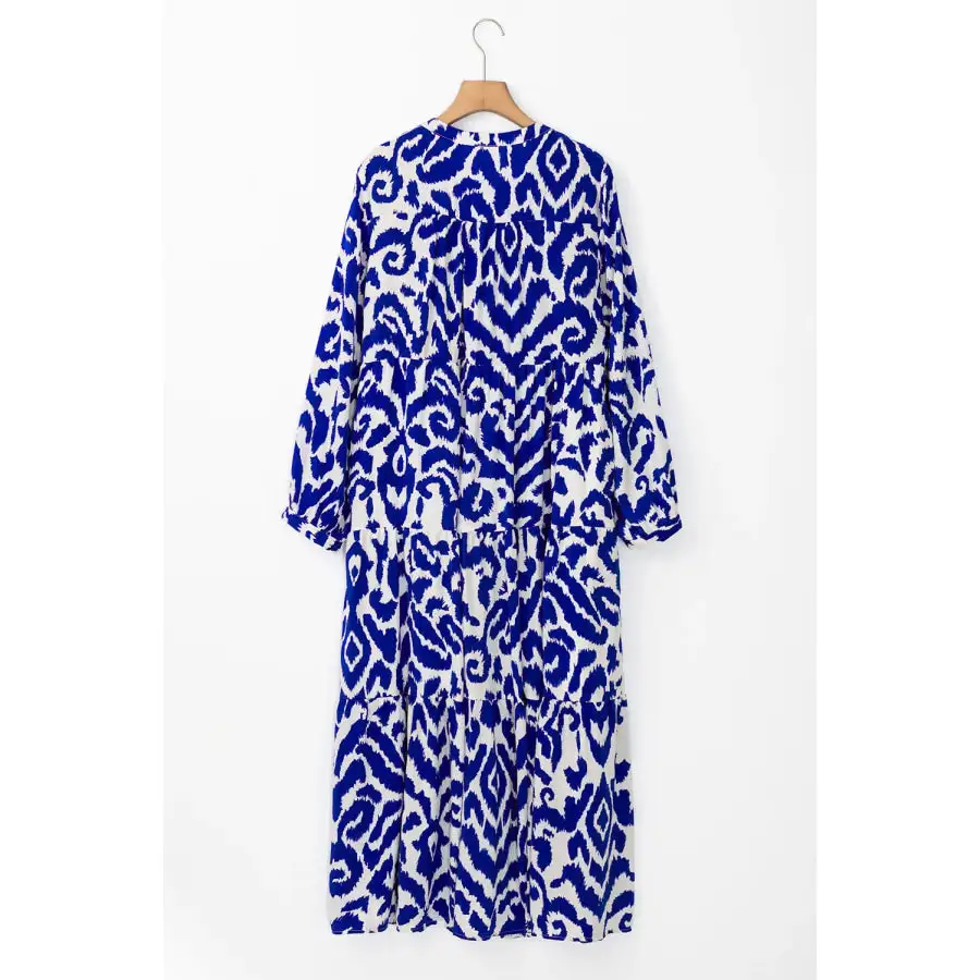 Tiered Notched Long Sleeve Midi Dress