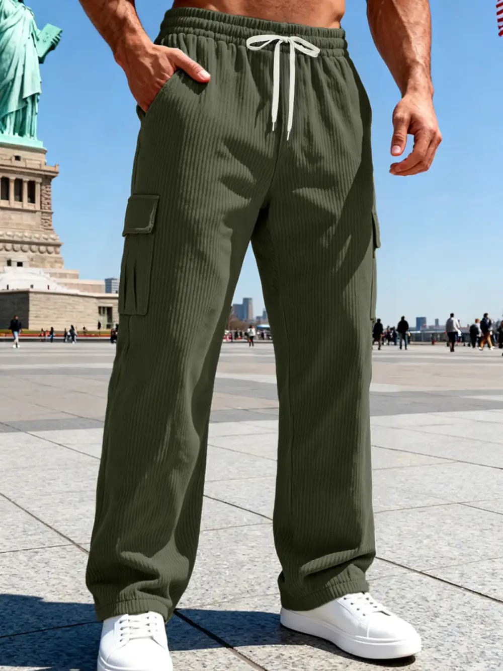 Men's Knitted Cargo Pants Waistband Pockets Cargo Pants