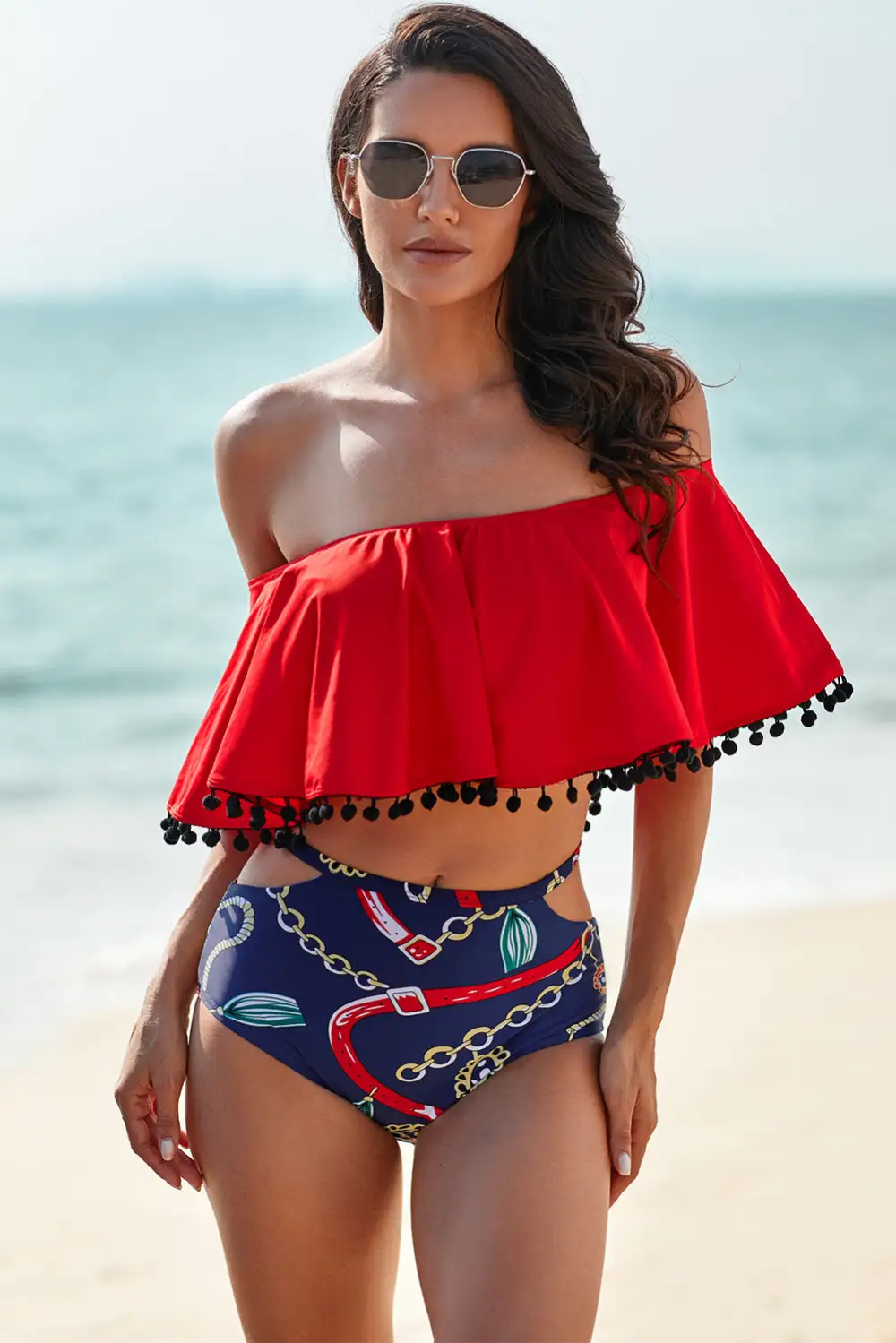 Swimwear Retro Flounce Tassel Off Shoulder High Waisted Bikini