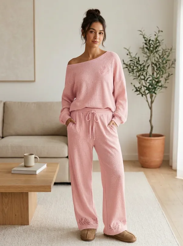 Women's Minimalist Nature Lover Leaf Embroidered Waffle Knit Loungewear Set