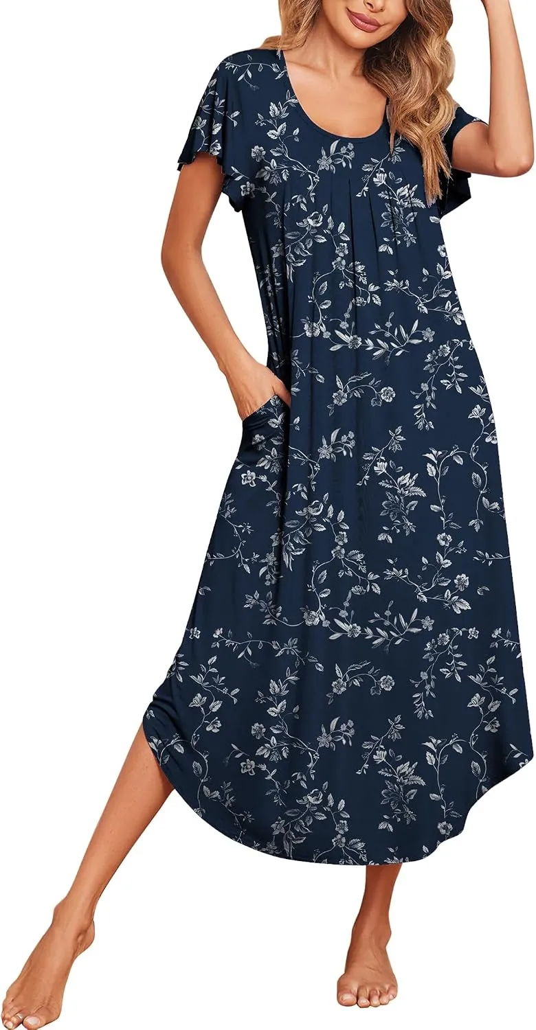 Ekouaer Long Nightgowns for Women with Pockets Short Sleeves House Dresses