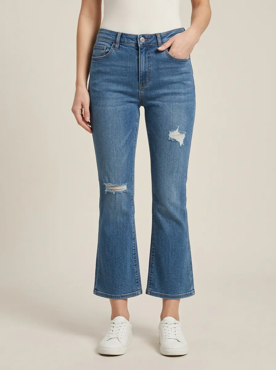 Women's Mid-Rise Thigh-and-Knee Distressed Cropped Kick-Flare Jeans