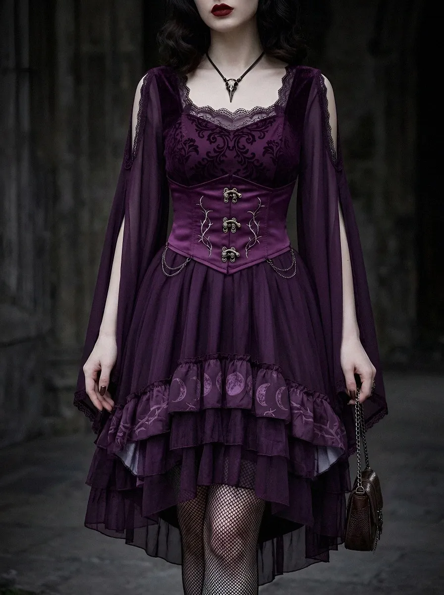 Women's Gothic Moon Phase Thorn Printed Corset Mini Dress