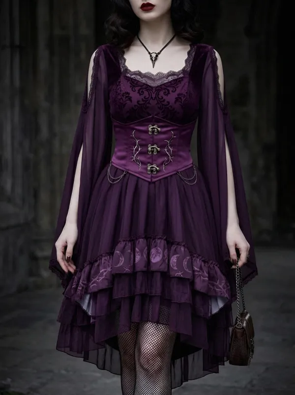 Women's Gothic Moon Phase Thorn Printed Corset Mini Dress