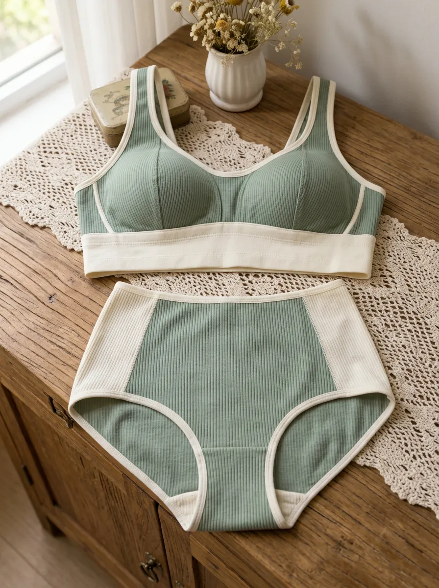 Women's Ribbed Contrast Trim Ribbed Seamless Lingerie Set