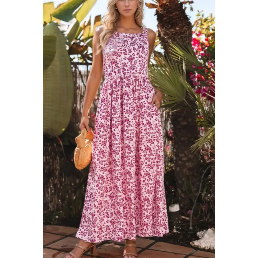 Floral Cutout Back Square Neck Maxi Dress