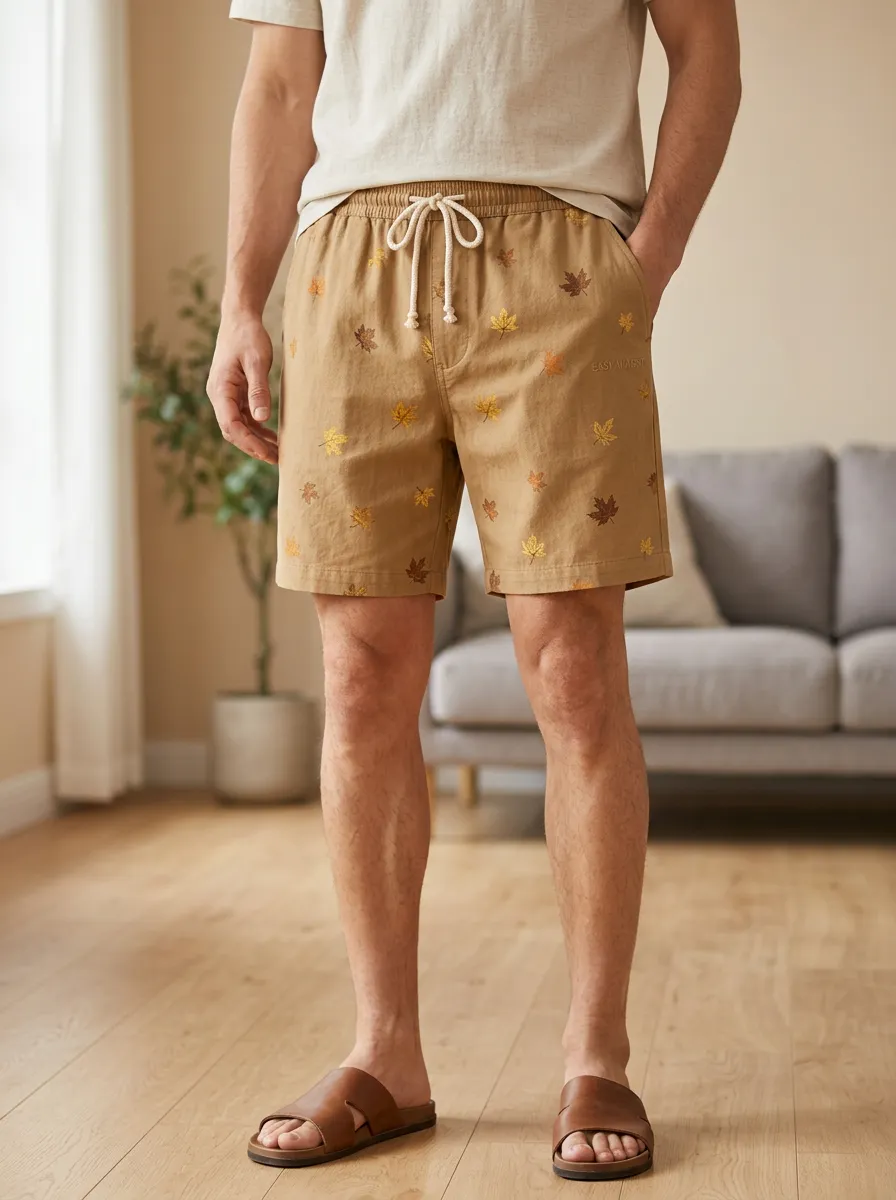 Tan Maple Leaf Print Drawstring Pocket Shorts