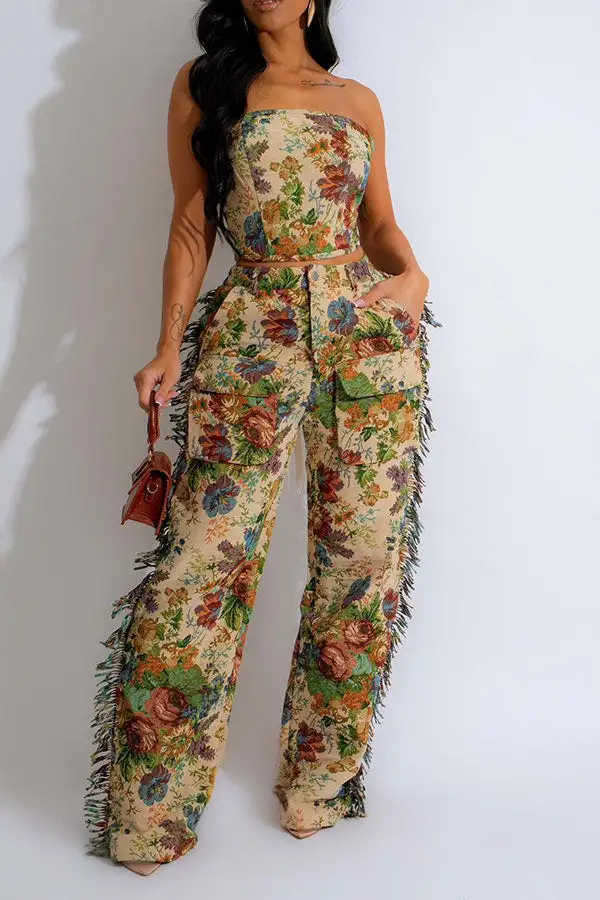 Floral Print Tassel Pocket Pant Set