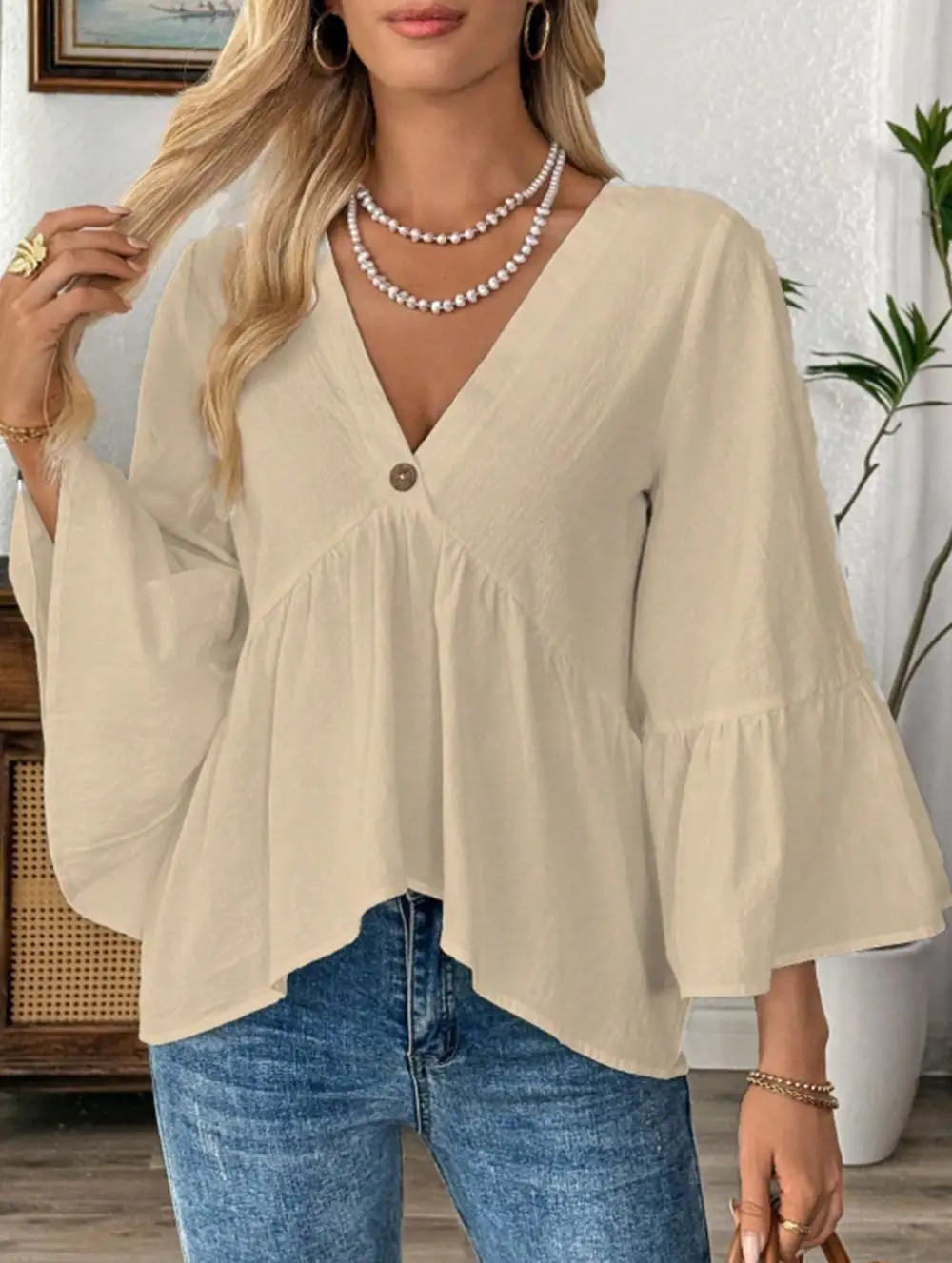 V-Neck Ruffle Sleeve Cotton Top