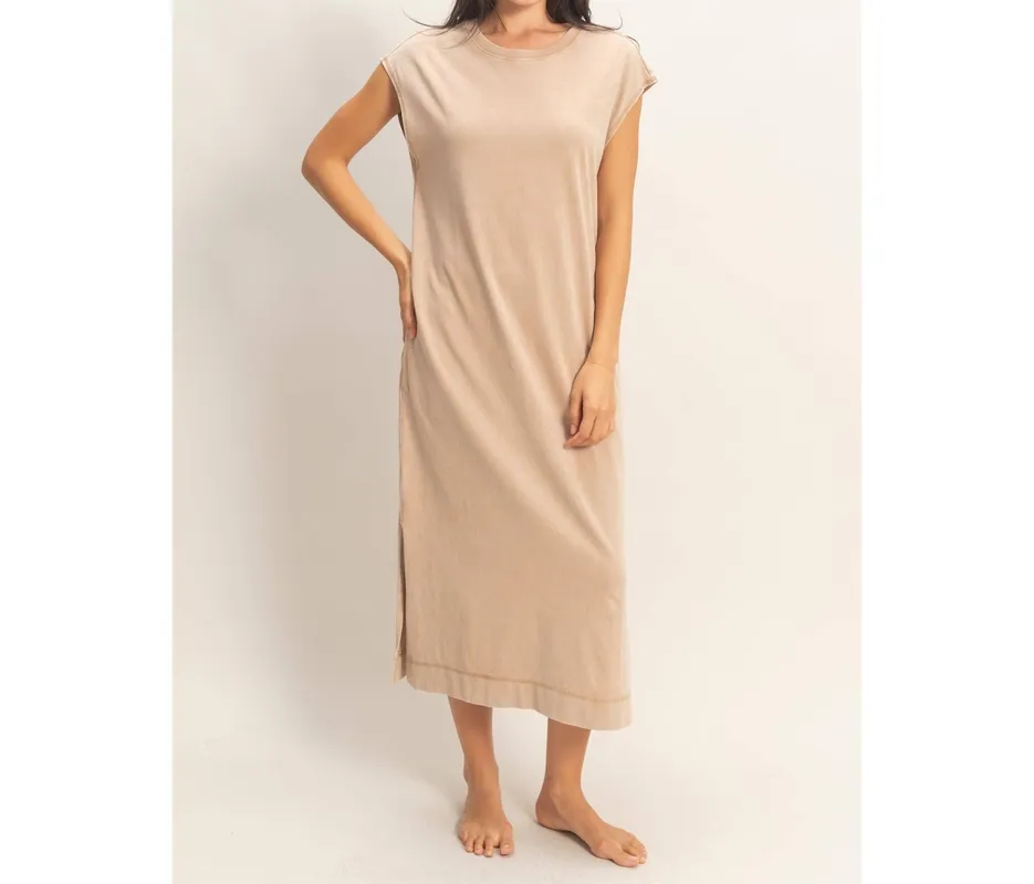 Chocolate Mineral-Wash Cap Sleeve Midi Dress