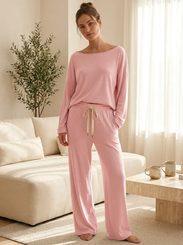 Women's Minimalist Beige Ribbed Knit Drawstring Loungewear Set