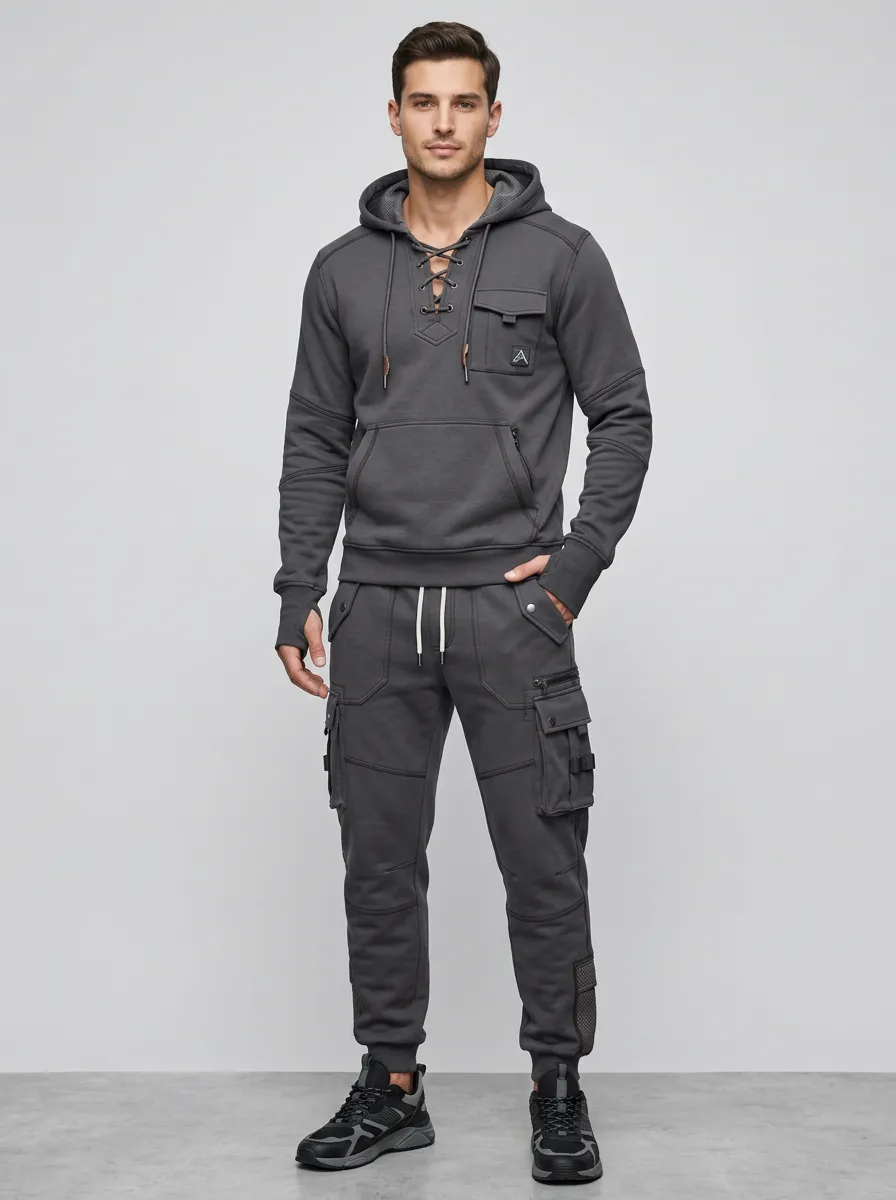 Core Lace-Up Multi Pocket Look Men's Lace Up Hoodie And Cargo Jogger Set
