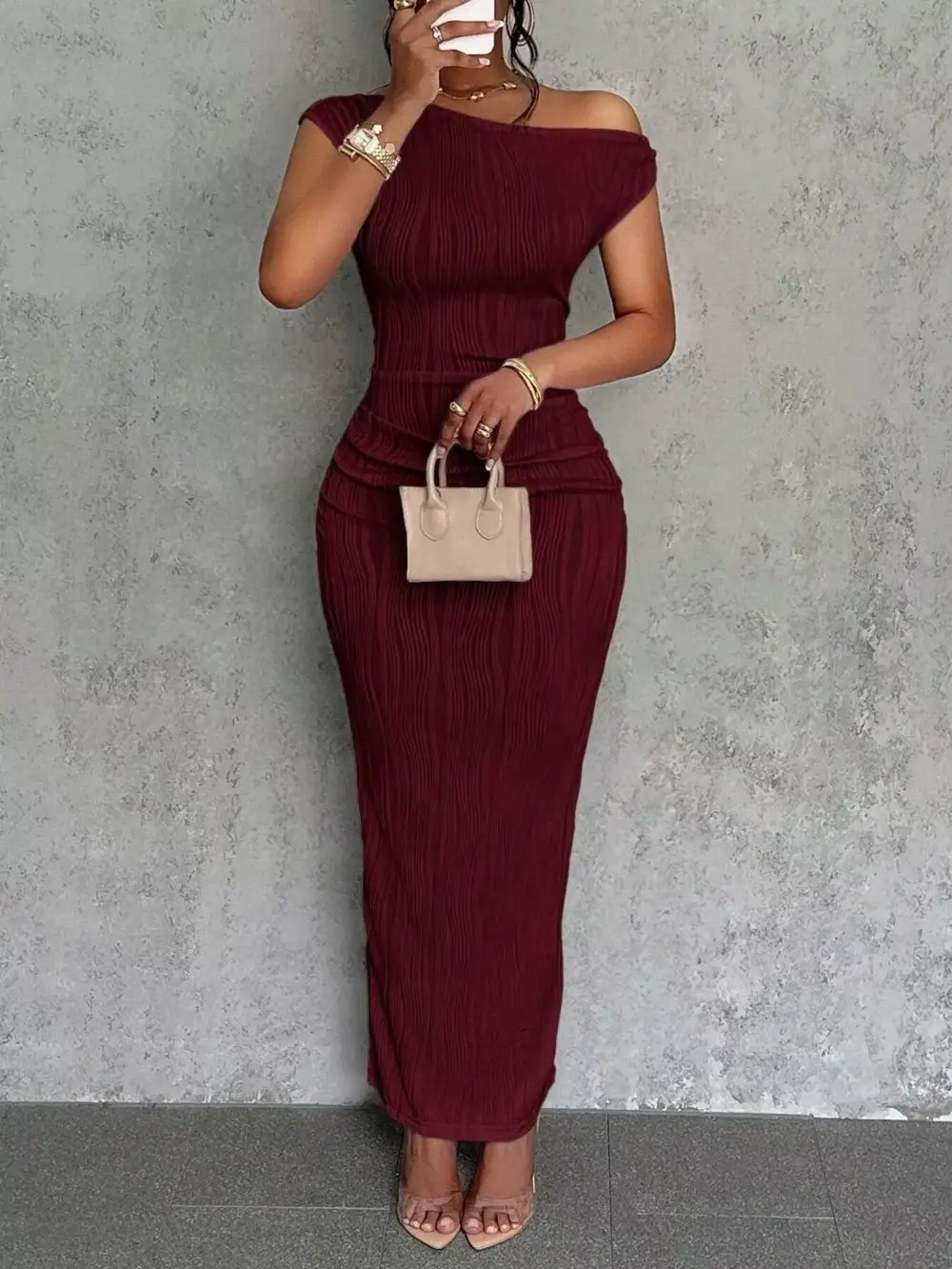 One Shoulder Textured Maxi Dress