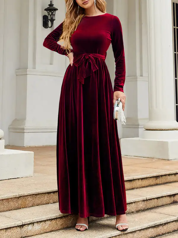 Pleated Wrap Belted Long Neck Maxi Dress