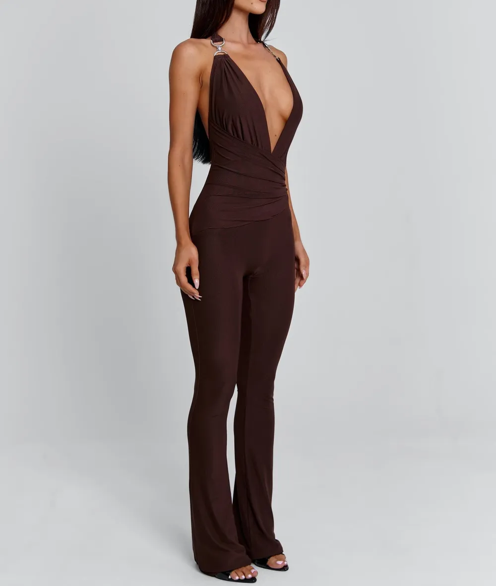 Chocolate Plunge Halter Jumpsuit