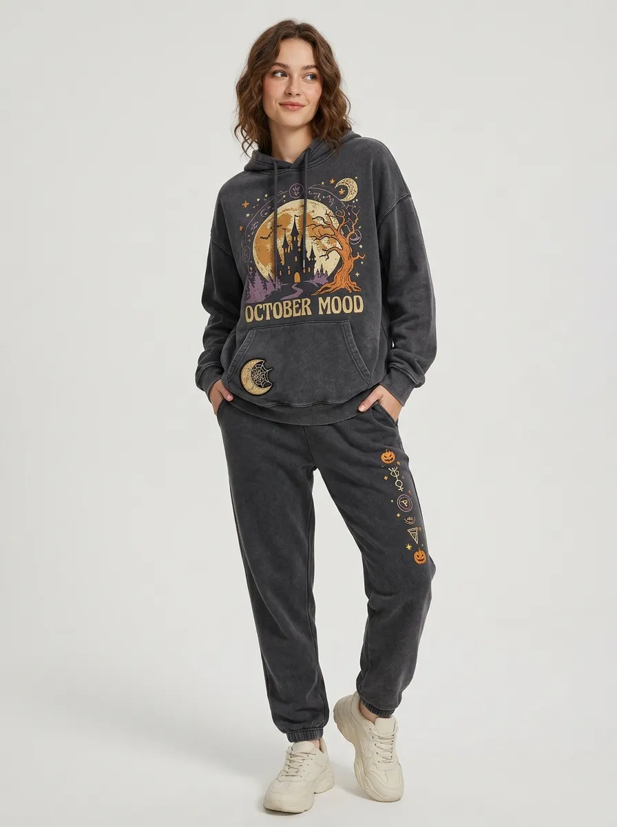 Women's Halloween October Mood Castle Moon Printed Lounge Set