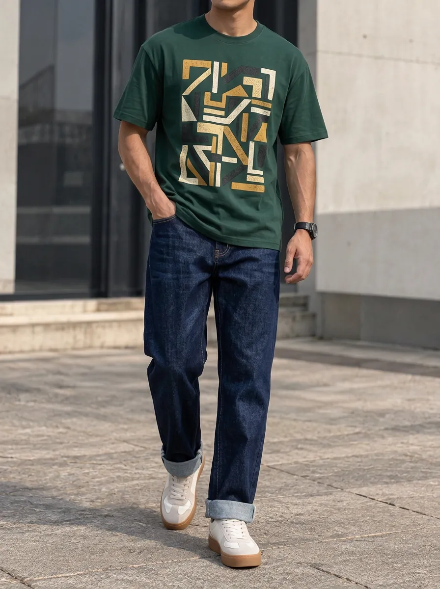 Men's Geometric Pattern Green Printed T-Shirt and Jeans Set