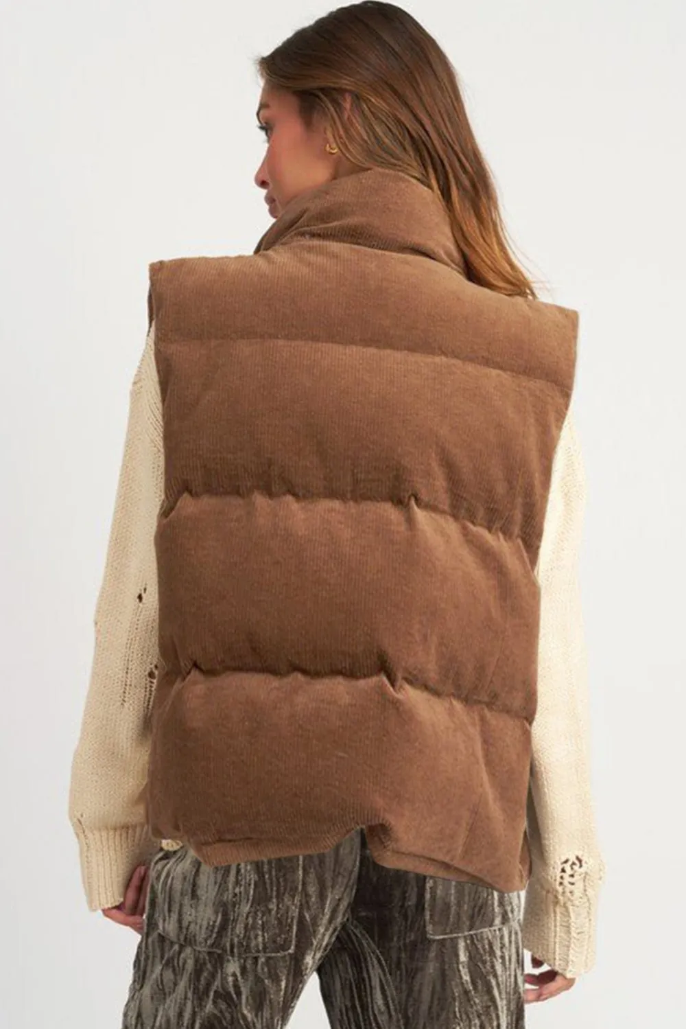 Corduroy Stand Neck Zip Puffer Vest
