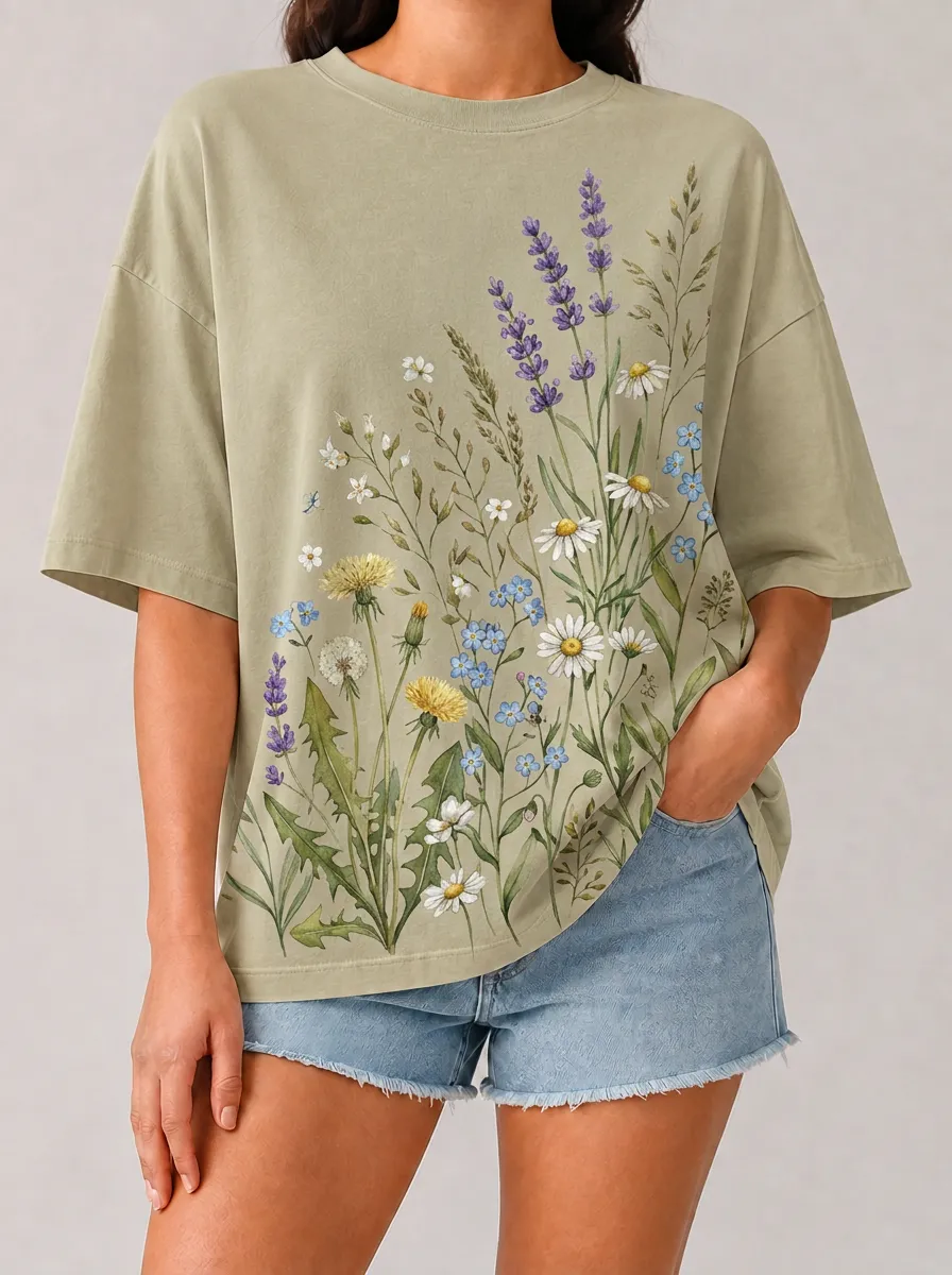 Women's Botanical Print Oversized T-Shirt