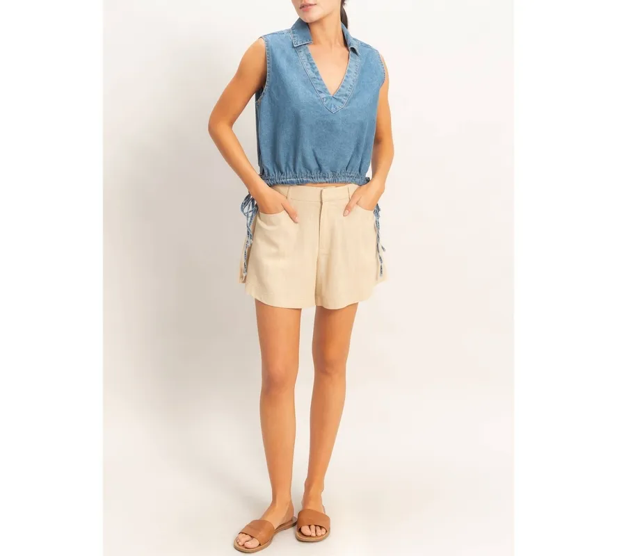 Collared V-Neck Drawstring Tank