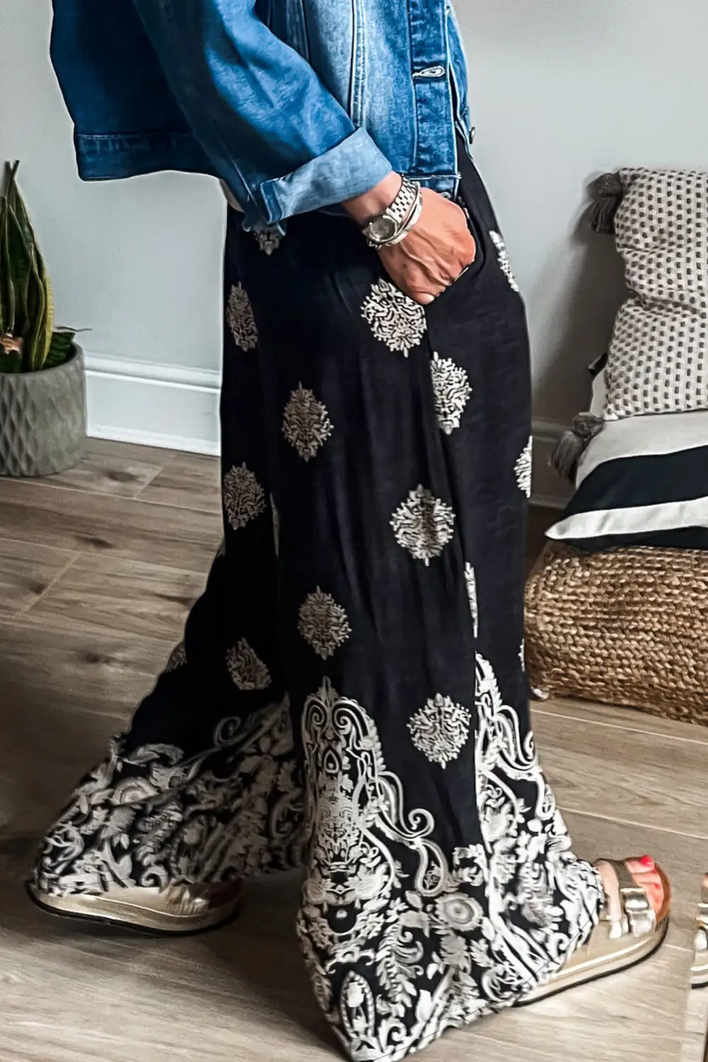 Bohemian Printed Drawstring Waist Wide Leg Trousers