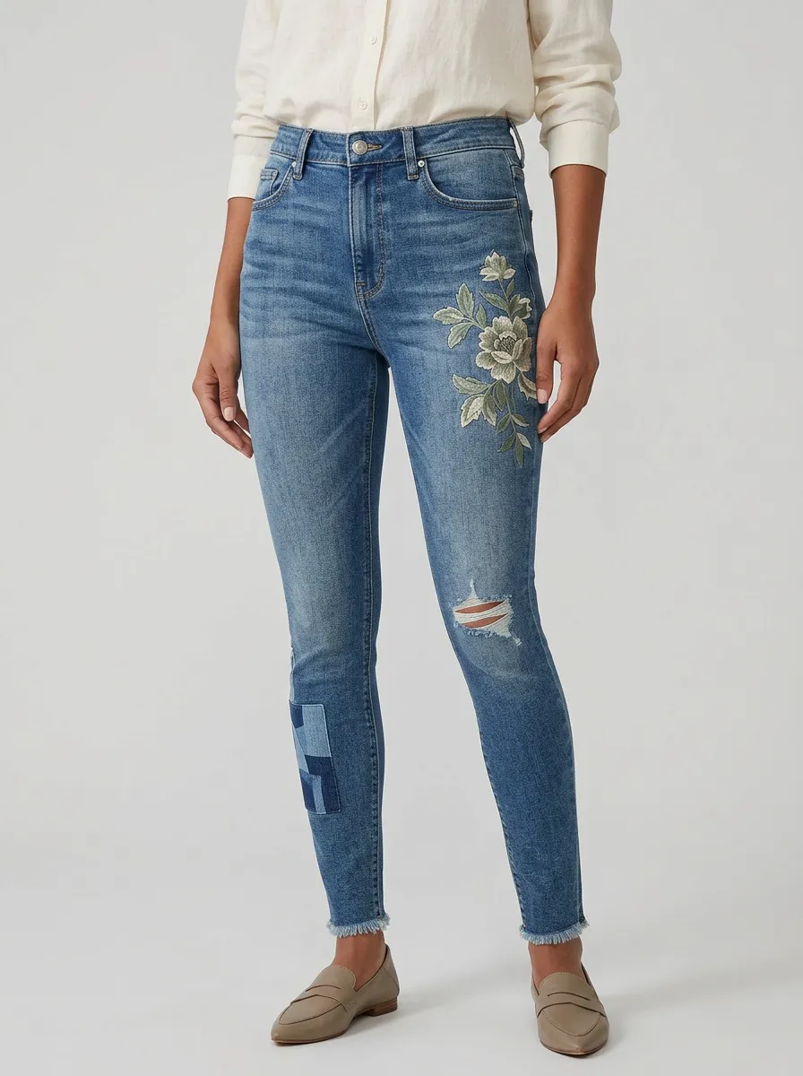 Women's Floral Embroidered Patchwork Ripped Graphic Slim Jeans