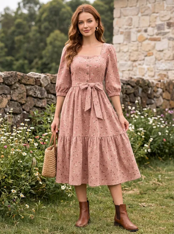 Women's Olive Vintage Floral Corduroy Square Neck Corduroy High-Waist 3/4 Sleeve Midi Dress