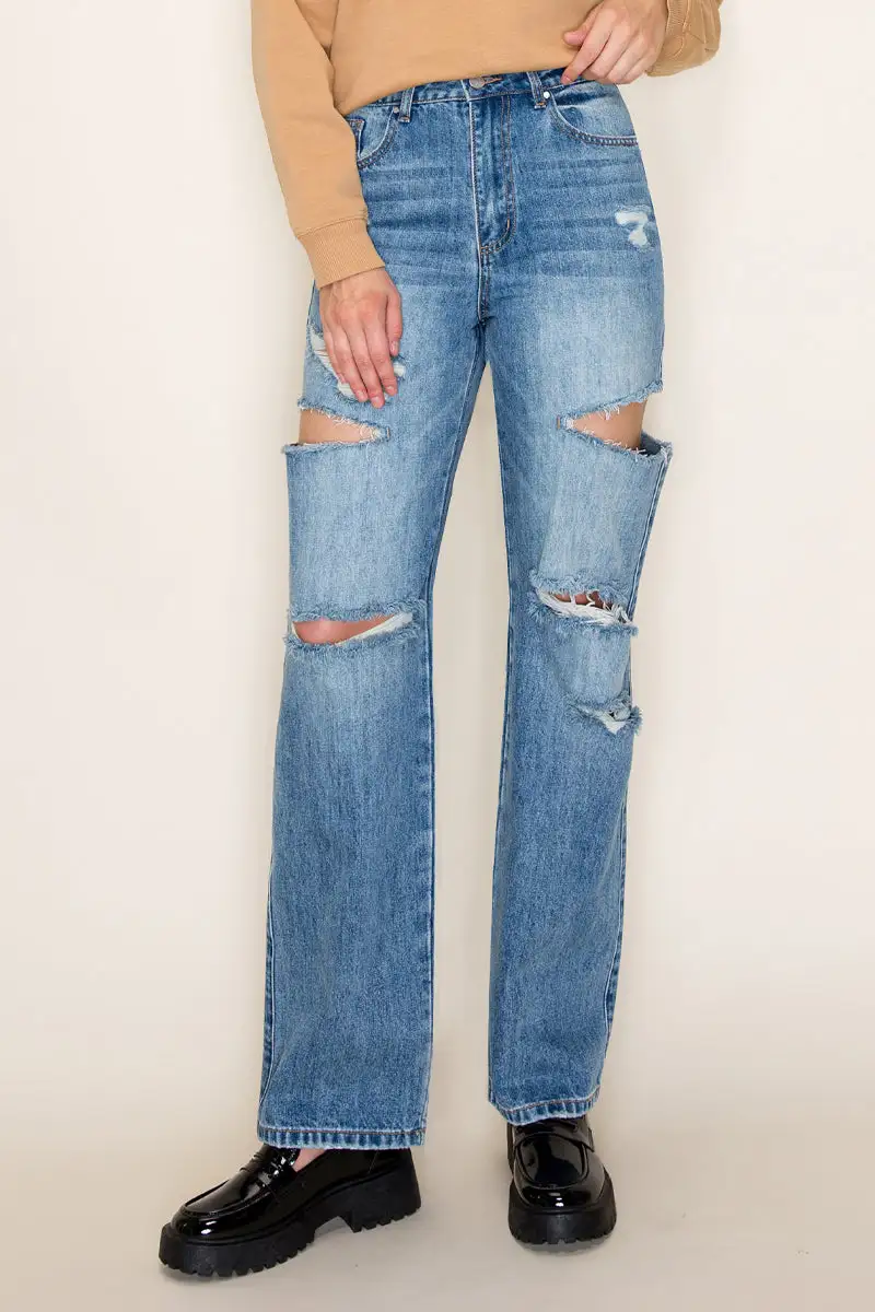Women's High Rise Destroyed Distressed Wide Leg Rigid Denim Jeans