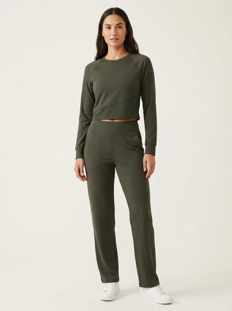 Women's Raglan Asymmetric-Seam Crop Top and Straight-Leg Pant Set