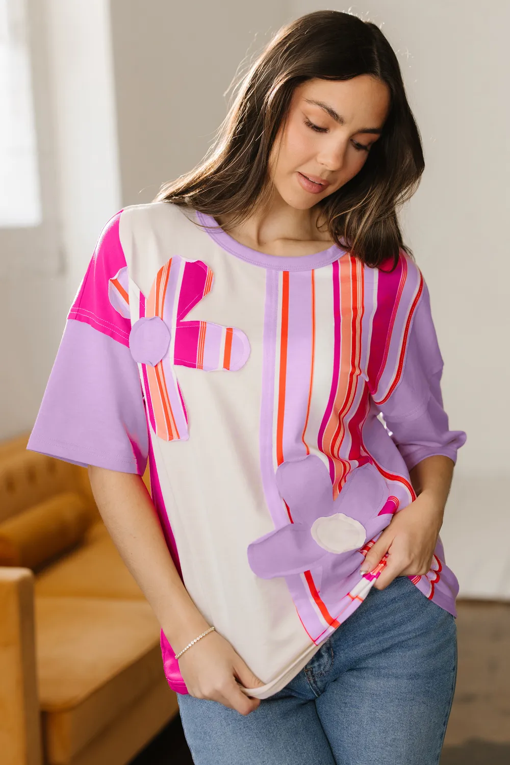 Pink Striped Block Flower Patched Top