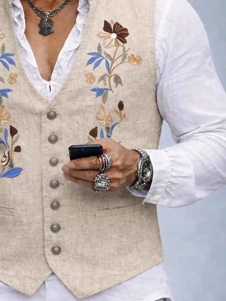 Elegant Cotton Linen Embroidered Vest Jacket