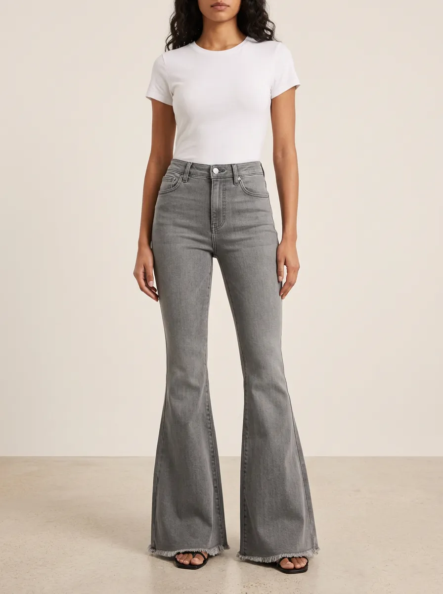 Raw Hem Printed Detail Flare Jeans