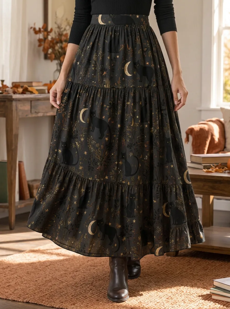 Women's Halloween Witchy Black Cat Moon Printed Maxi Skirt