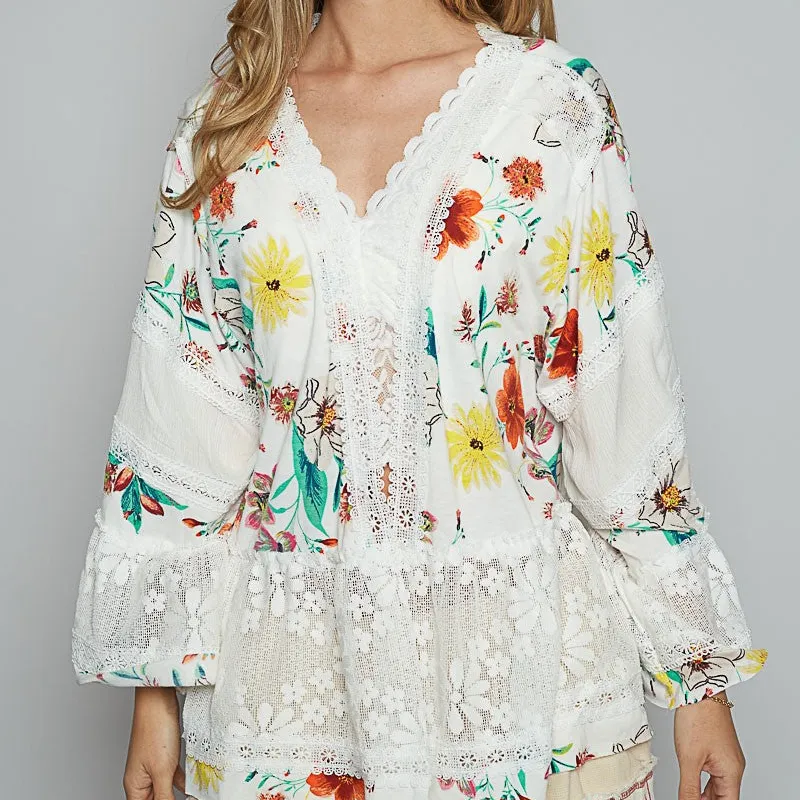 Classic Open Front Lace Detail Floral Detail Cardigan