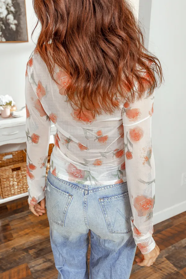 Round Neck Floral Print Mesh Top