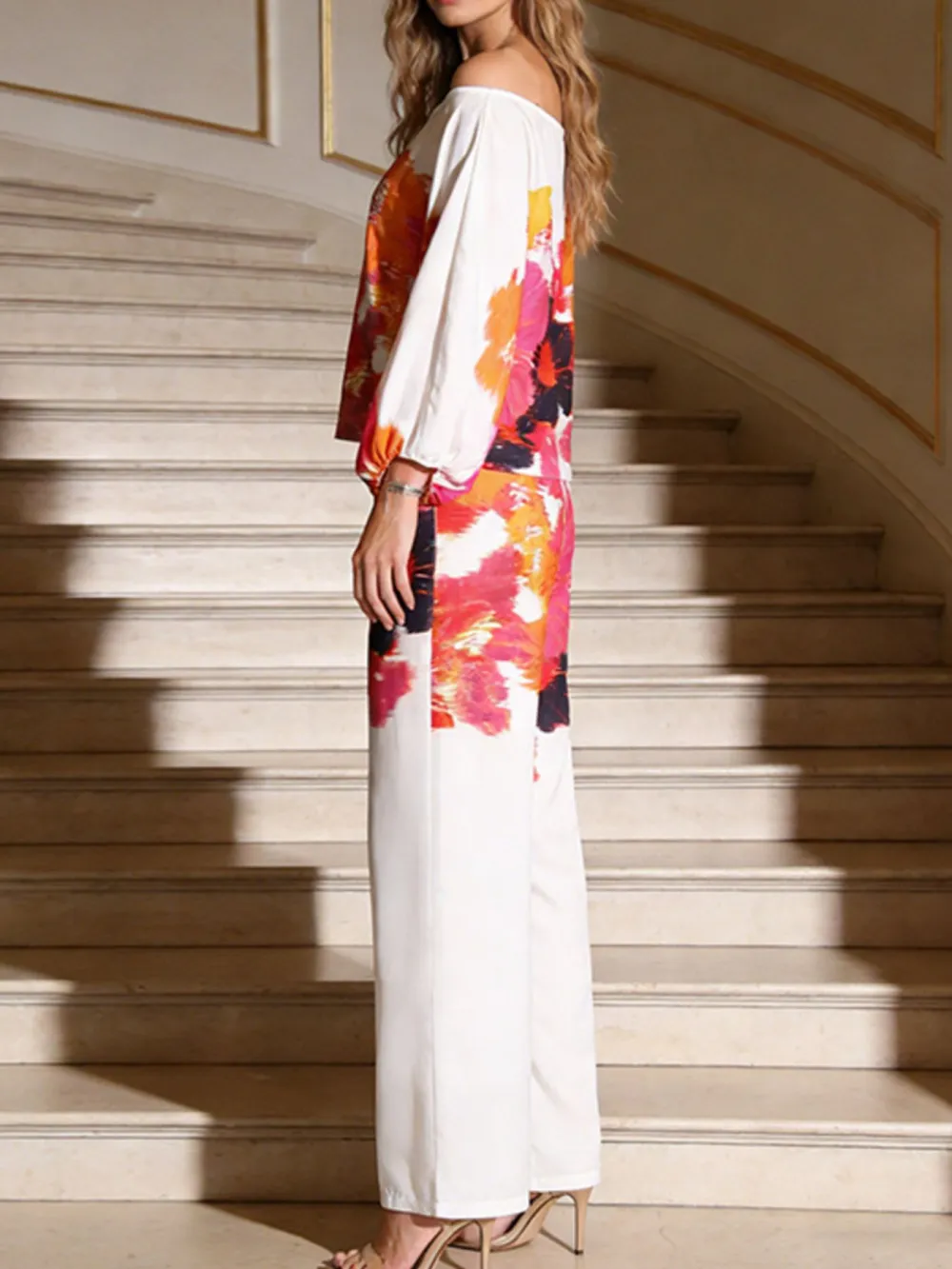 Floral Print Off Shoulder Top and Pants Set