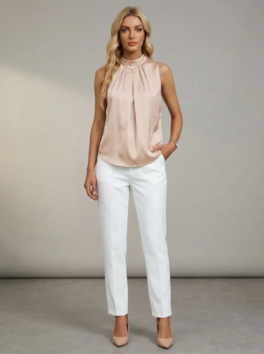 Satin Pleated Mock Neck Sleeveless Top