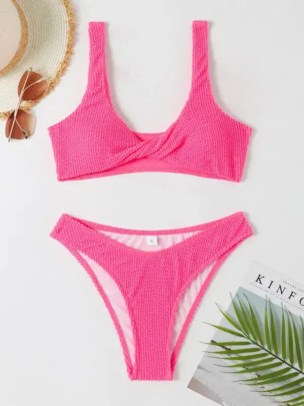 Twisted One Piece Wrinkled Wavy Fabric Swim Set