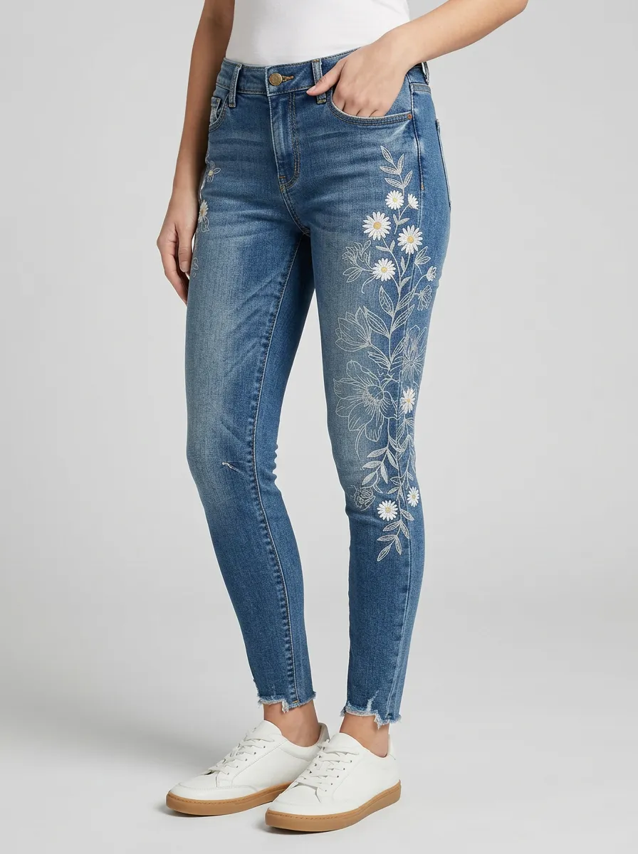 Women's Camden Floral Daisy Embroidered Graphic Slim Jeans