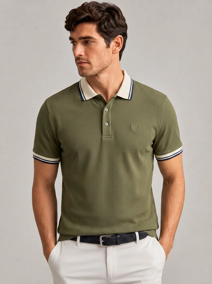 Men's Equestrian Lover Shield Logo Printed Waffle Knit Polo Shirt