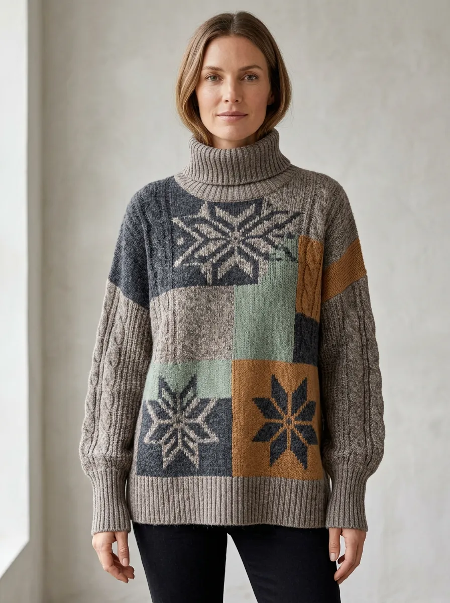 Women's Winter Snowflake Patchwork Printed Turtleneck Sweater