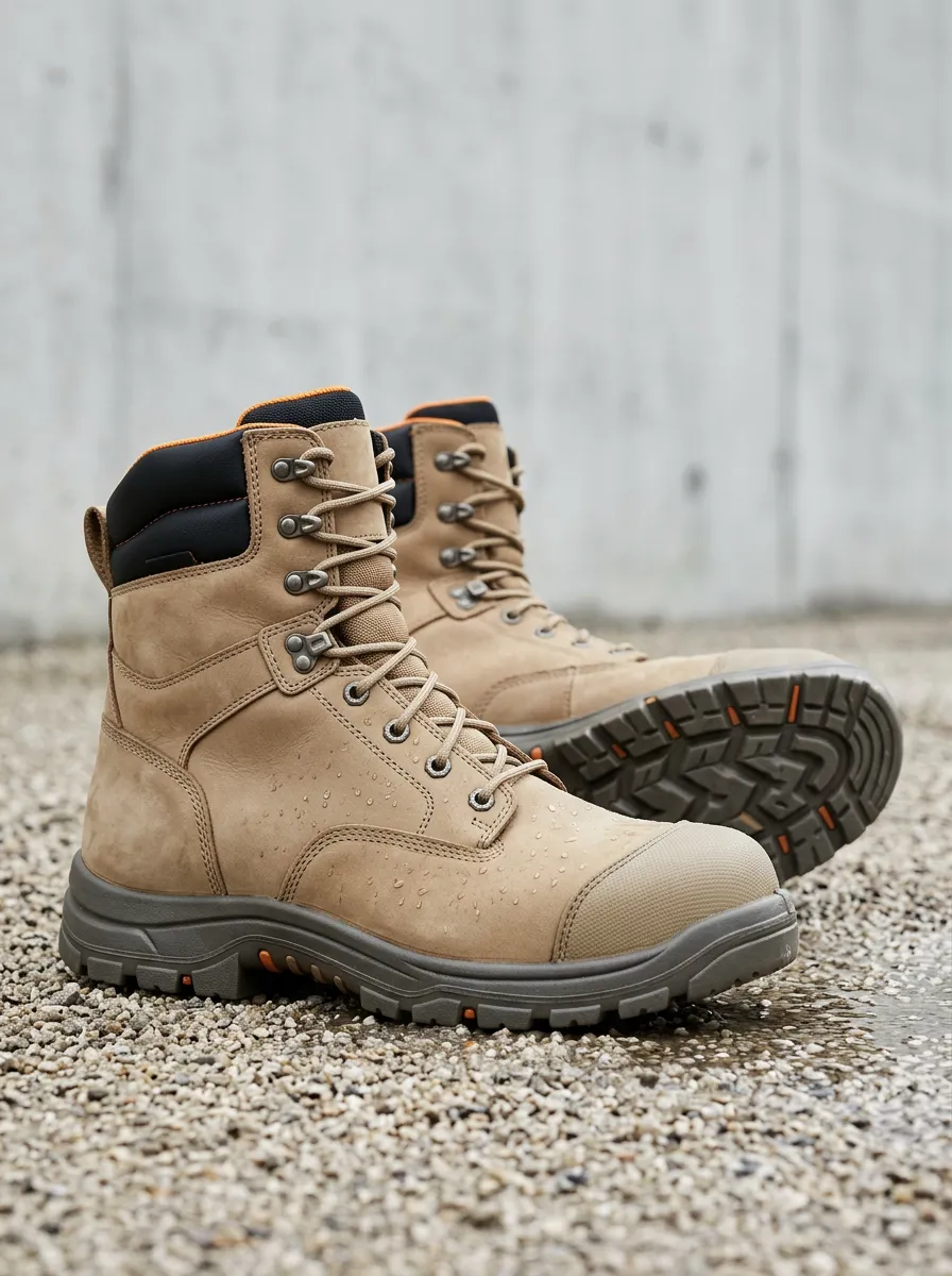 Men's Waterproof Tan Leather Safety Printed Work Boots