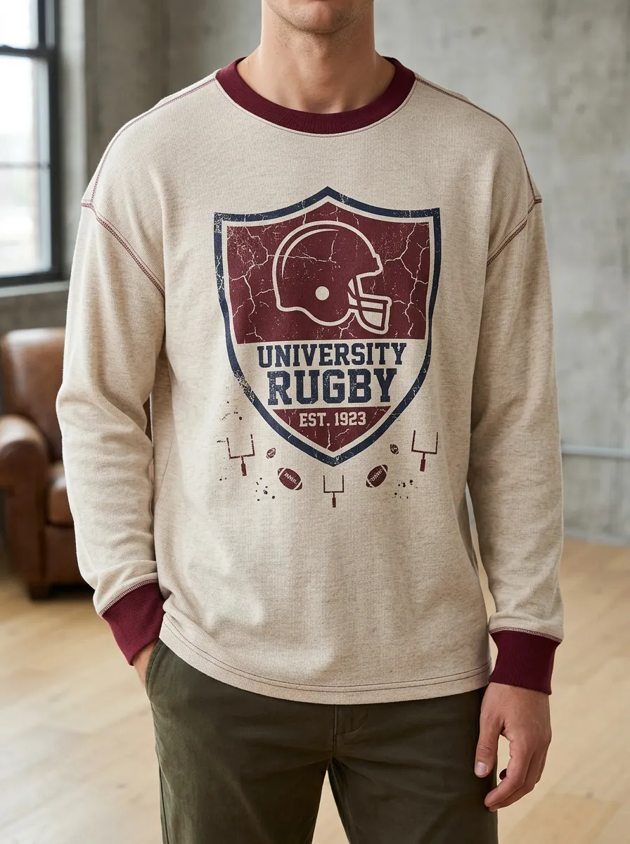 Men's University Rugby Fan Helmet Shield Printed Long Sleeve Top