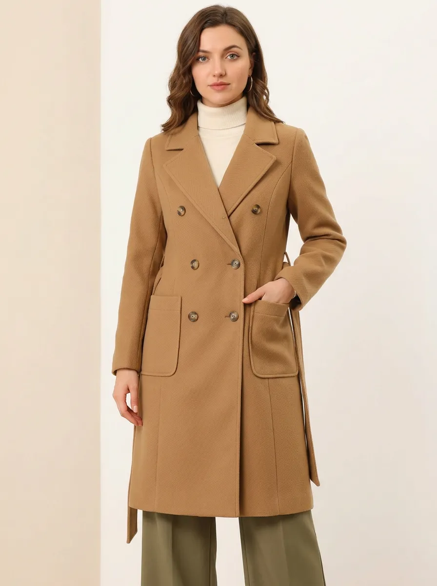Women's Camel Double-Breasted Lapel Belted Wool-Blend Coat