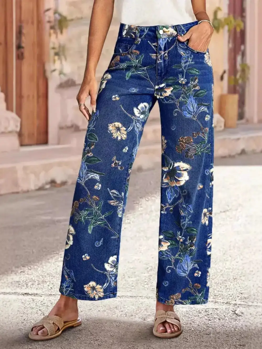 Floral Print Wide Leg Jeans Cropped For Women
