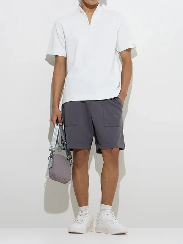 White Zip Collar Loose Cotton Blend T-Shirt